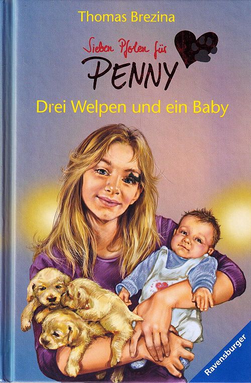 Drei Welpen und ein Baby